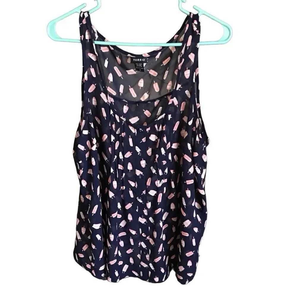 Torrid Size 0 = Large tank top blue semi sheer shirt  popsicle print women’s